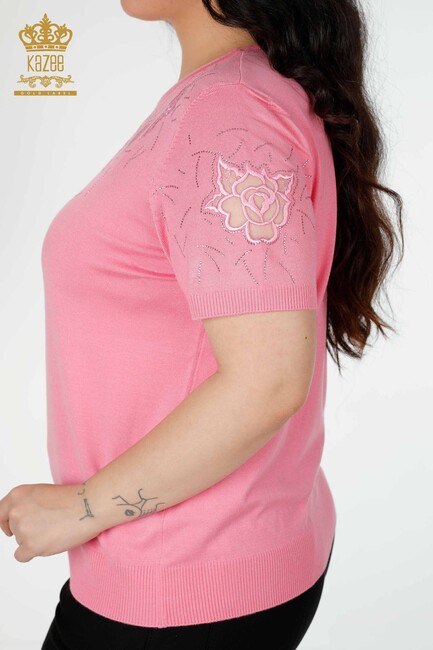 Women's Knitwear Sweater Stone Embroidered Pink - 16845 | KAZEE - Thumbnail