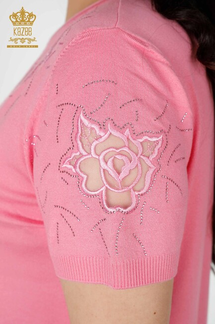 Women's Knitwear Sweater Stone Embroidered Pink - 16845 | KAZEE - Thumbnail