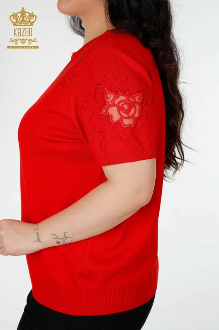 Women's Knitwear Sweater Stone Embroidered Red - 16845 | KAZEE - Thumbnail