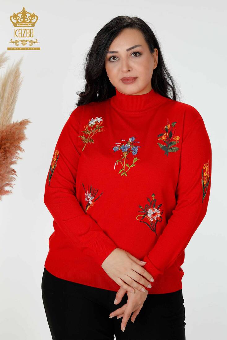 Women's Knitwear Sweater Stone Embroidered Red - 16852 | KAZEE