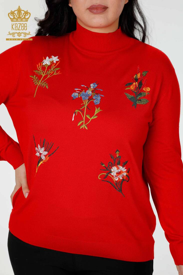 Women's Knitwear Sweater Stone Embroidered Red - 16852 | KAZEE