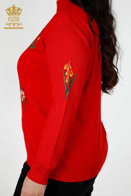 Women's Knitwear Sweater Stone Embroidered Red - 16852 | KAZEE - Thumbnail