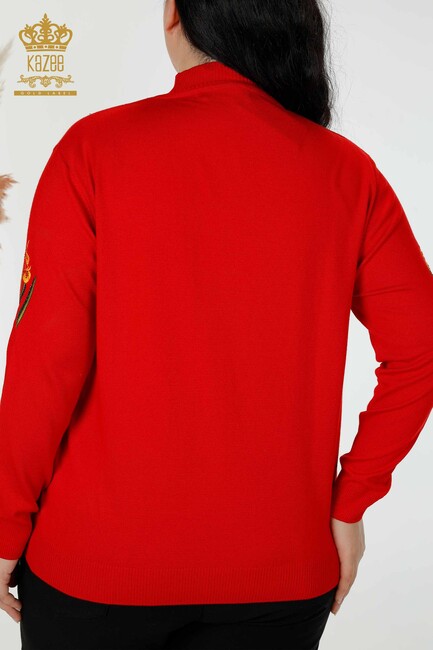 Women's Knitwear Sweater Stone Embroidered Red - 16852 | KAZEE - Thumbnail