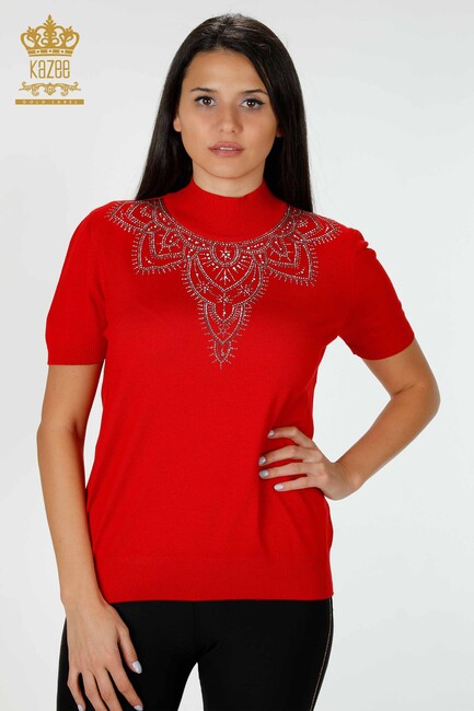 Women's Knitwear Sweater Stone Embroidered Red - 16932 | KAZEE - Thumbnail