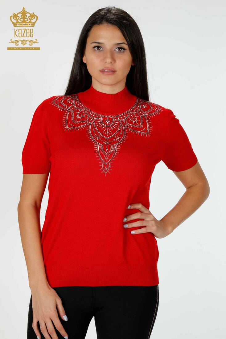 Women's Knitwear Sweater Stone Embroidered Red - 16932 | KAZEE