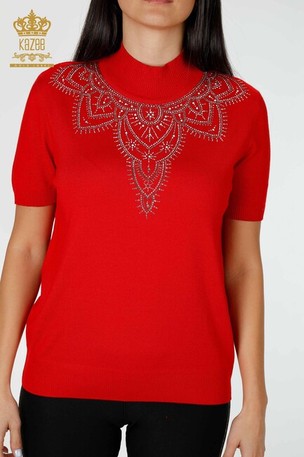 Women's Knitwear Sweater Stone Embroidered Red - 16932 | KAZEE - Thumbnail