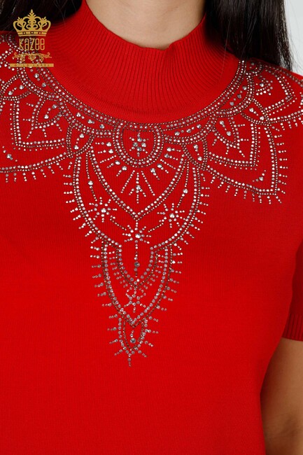 Women's Knitwear Sweater Stone Embroidered Red - 16932 | KAZEE - Thumbnail