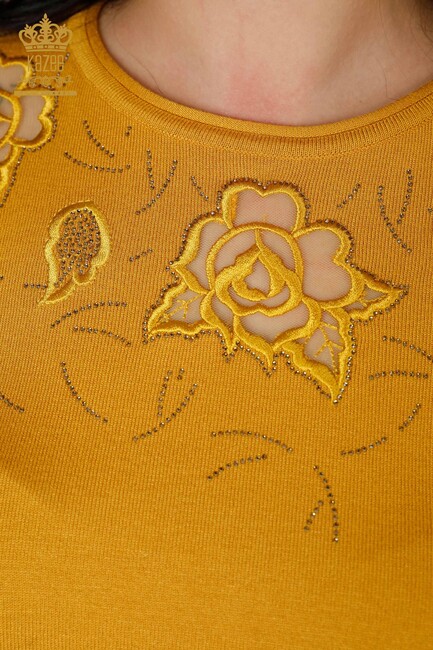 Women's Knitwear Sweater Stone Embroidered Saffron - 16845 | KAZEE - Thumbnail