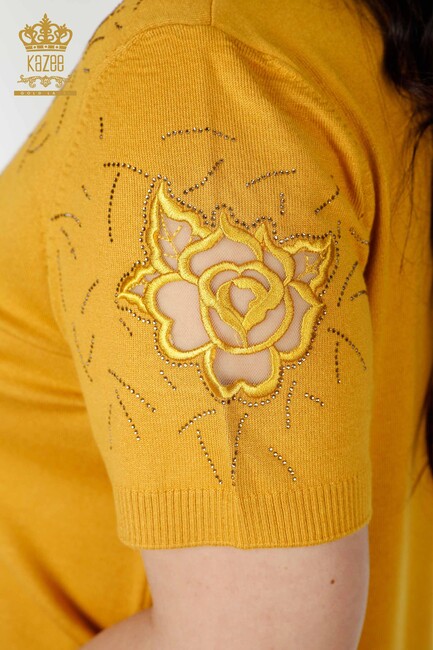 Women's Knitwear Sweater Stone Embroidered Saffron - 16845 | KAZEE - Thumbnail