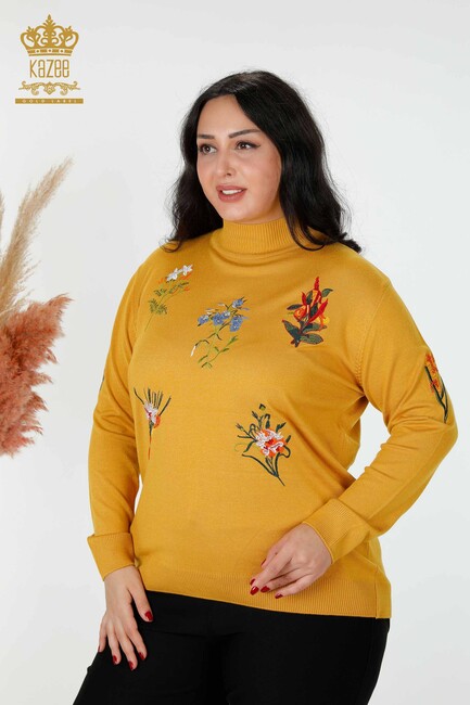 Women's Knitwear Sweater Stone Embroidered Saffron - 16852 | KAZEE - Thumbnail