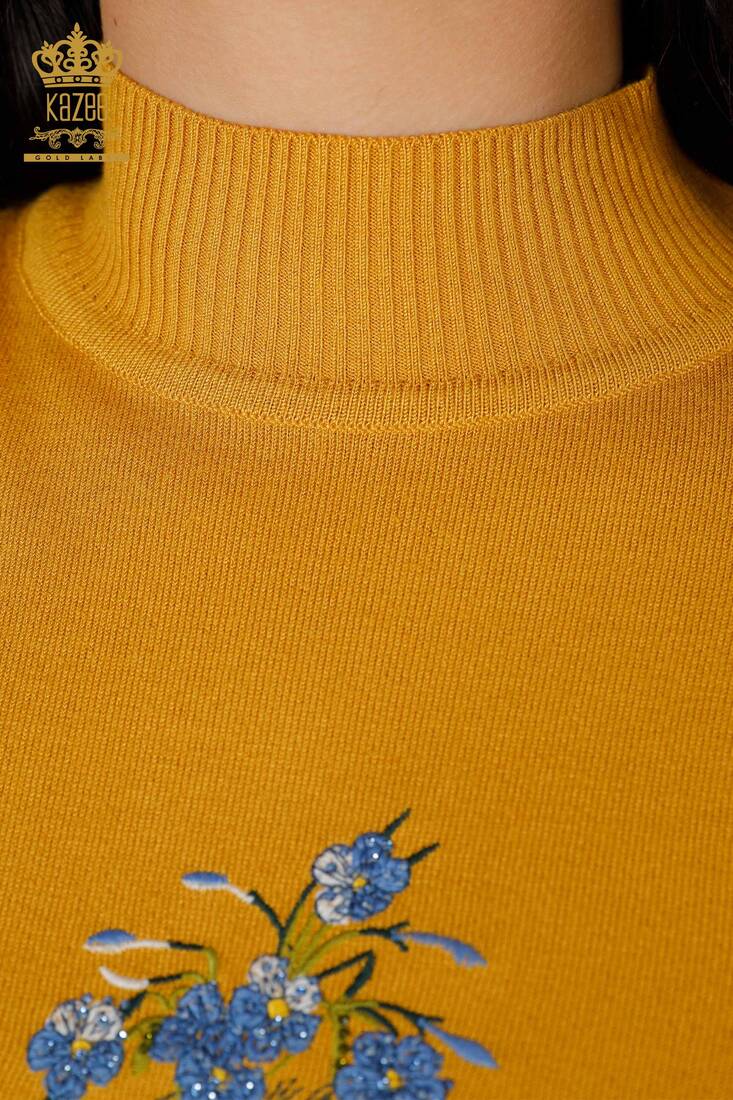 Women's Knitwear Sweater Stone Embroidered Saffron - 16852 | KAZEE