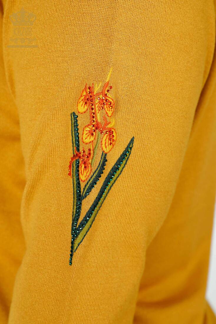 Women's Knitwear Sweater Stone Embroidered Saffron - 16852 | KAZEE