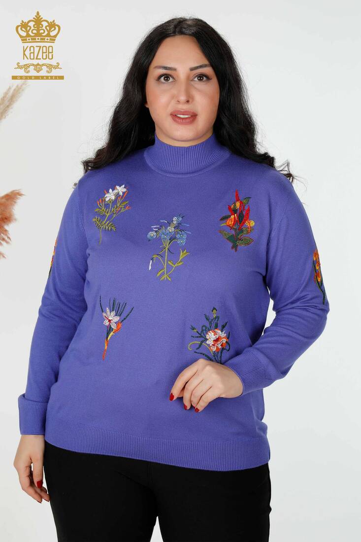 Women's Knitwear Sweater Stone Embroidered Violet - 16852 | KAZEE