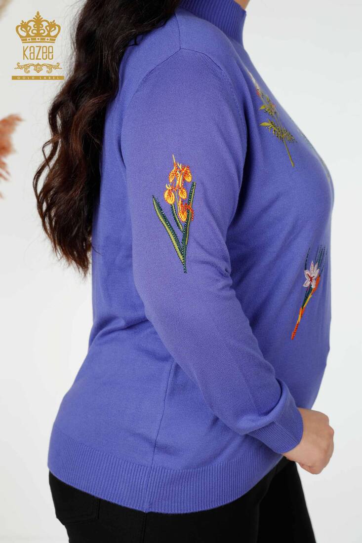 Women's Knitwear Sweater Stone Embroidered Violet - 16852 | KAZEE