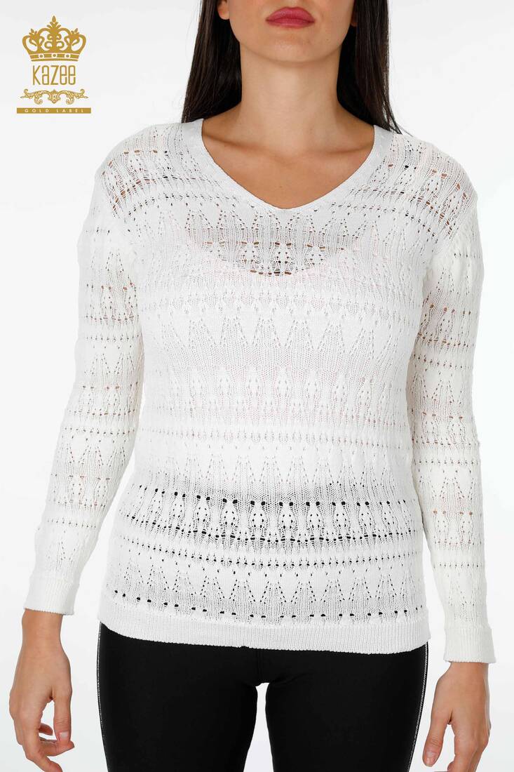 Women's Knitwear Sweater V Neck Ecru - 14853 | KAZEE