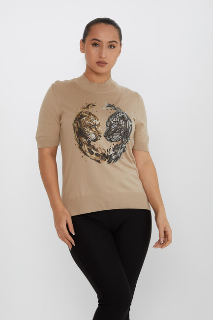 Women's Knitwear Tiger Patterned Stone Detailed Beige - 30463 | KAZEE - Thumbnail