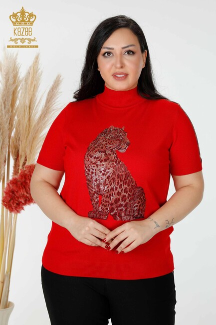 Women's Knitwear Tiger Pattern Red - 16999 | KAZEE - Thumbnail