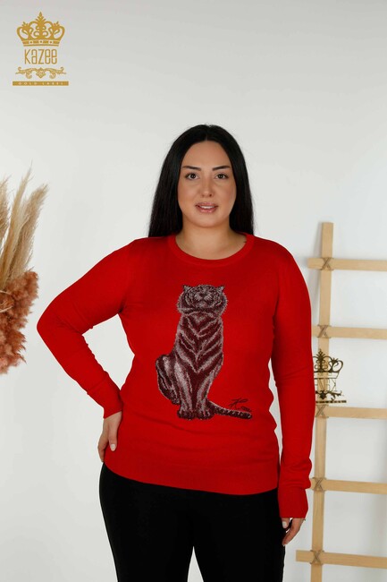 Women's Knitwear Tiger Pattern Red - 30127 | KAZEE - Thumbnail