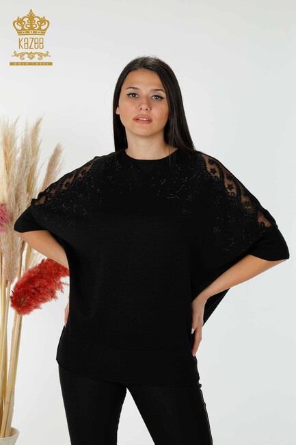 Women's Knitwear Tulle Detailed Black - 16826 | KAZEE - Thumbnail