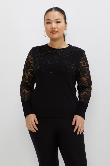 Women's Knitwear Tulle Detailed Crew Neck Black - 31544 | KAZEE - Thumbnail