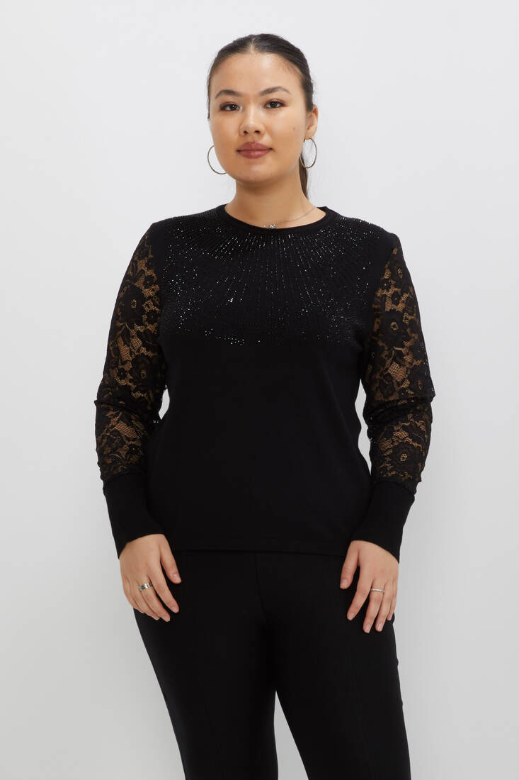 Women's Knitwear Tulle Detailed Crew Neck Black - 31544 | KAZEE