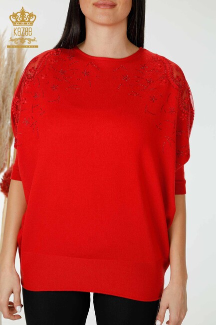 Women's Knitwear Tulle Detailed Red - 16826 | KAZEE - Thumbnail