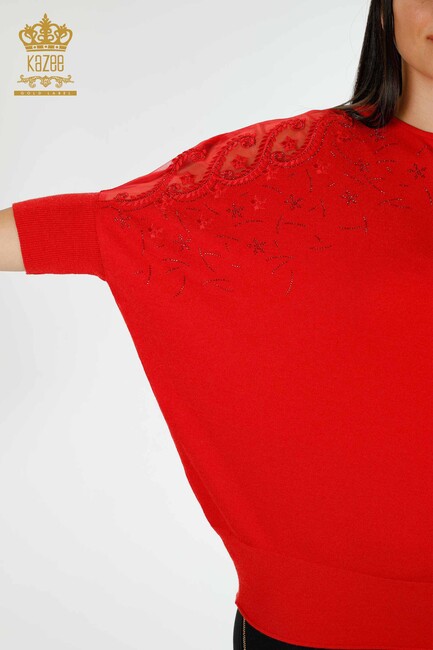 Women's Knitwear Tulle Detailed Red - 16826 | KAZEE - Thumbnail