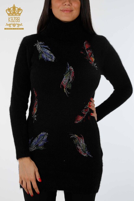 Women's Knitwear Tunic Feather Patterned Black - 18892 | KAZEE - Thumbnail