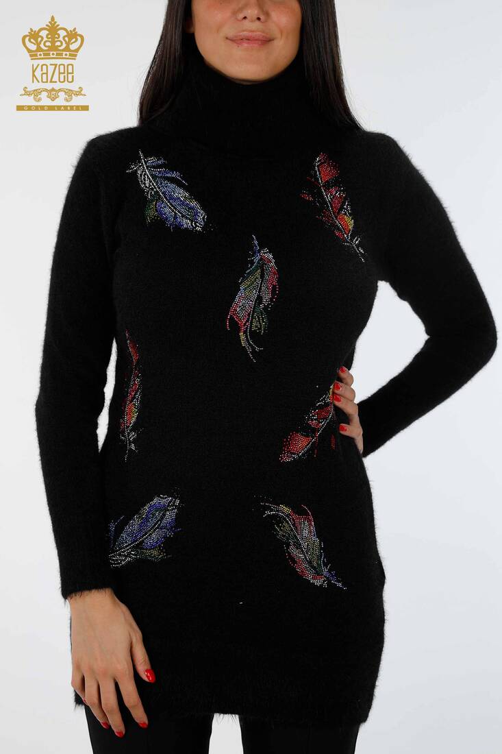 Women's Knitwear Tunic Feather Patterned Black - 18892 | KAZEE