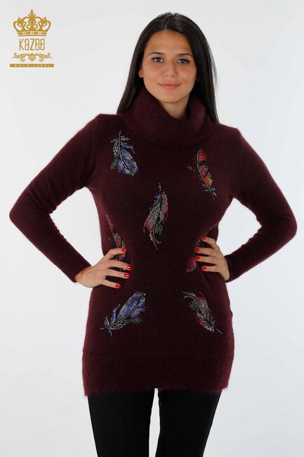 Women's Knitwear Tunic Feather Patterned Plum - 18892 | KAZEE - Thumbnail