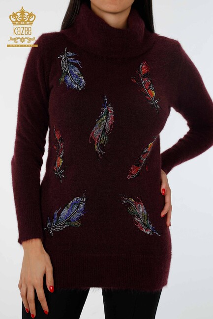 Women's Knitwear Tunic Feather Patterned Plum - 18892 | KAZEE - Thumbnail