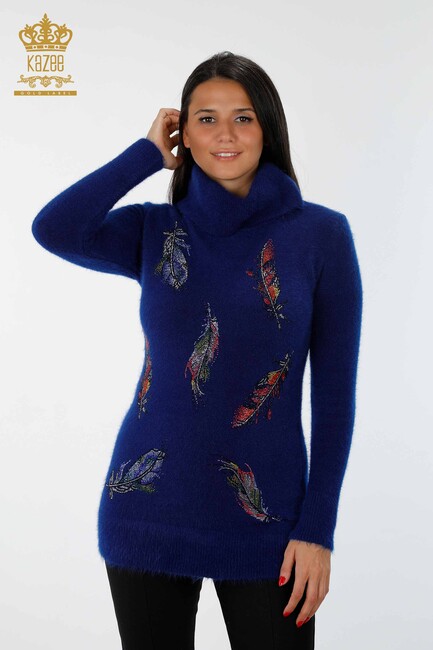 Women's Knitwear Tunic Feather Patterned Sax - 18892 | KAZEE - Thumbnail