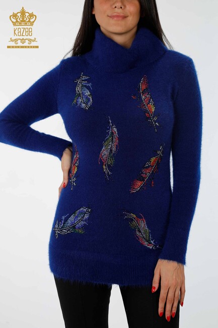 Women's Knitwear Tunic Feather Patterned Sax - 18892 | KAZEE - Thumbnail