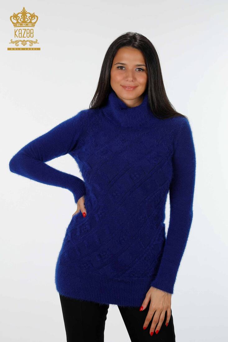 Women's Knitwear Tunic Turtleneck Sax - 18591 | KAZEE