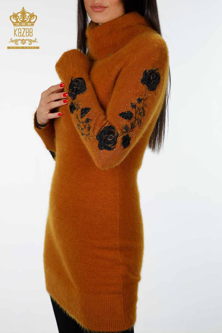 Women's Knitwear Tunic Floral Embroidered Mustard - 18888 | KAZEE