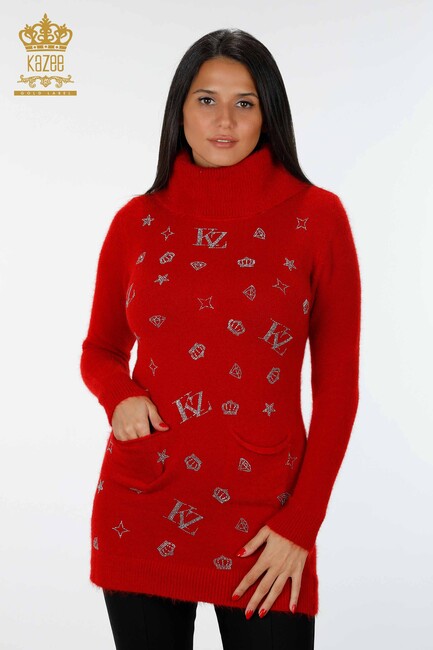 Women's Knitwear Tunic Pocket Detailed Red - 18895 | KAZEE - Thumbnail