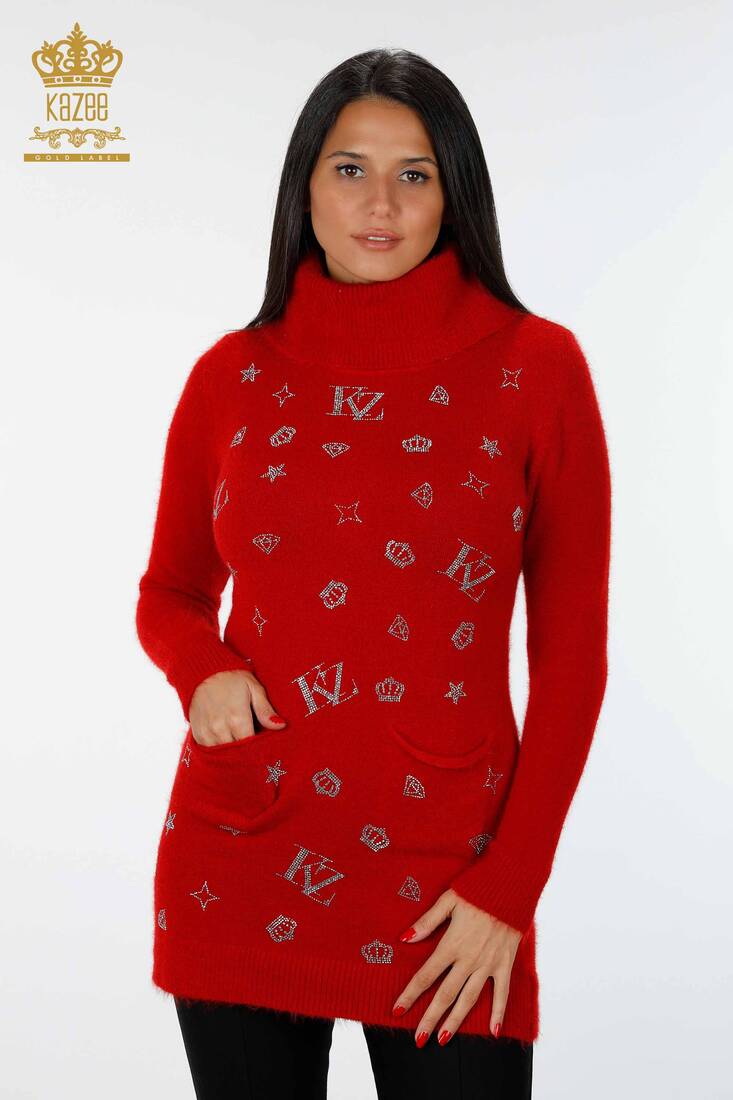 Women's Knitwear Tunic Pocket Detailed Red - 18895 | KAZEE