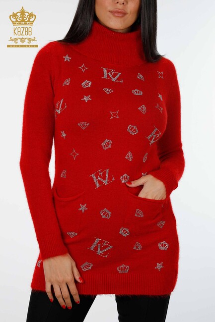 Women's Knitwear Tunic Pocket Detailed Red - 18895 | KAZEE - Thumbnail