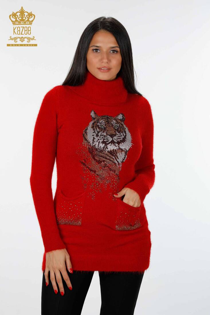 Women's Knitwear Tunic Tiger Pattern Red - 18880 | KAZEE