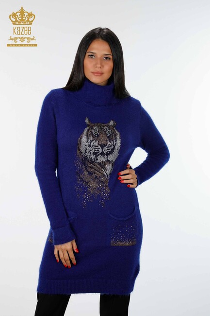 Women's Knitwear Tunic Tiger Pattern Sax - 18880 | KAZEE - Thumbnail