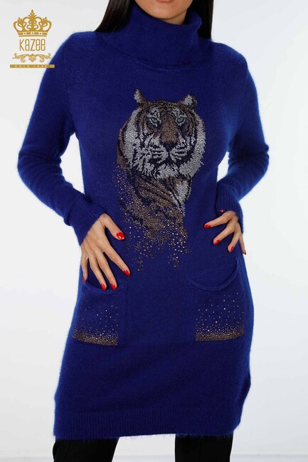 Women's Knitwear Tunic Tiger Pattern Sax - 18880 | KAZEE - Thumbnail