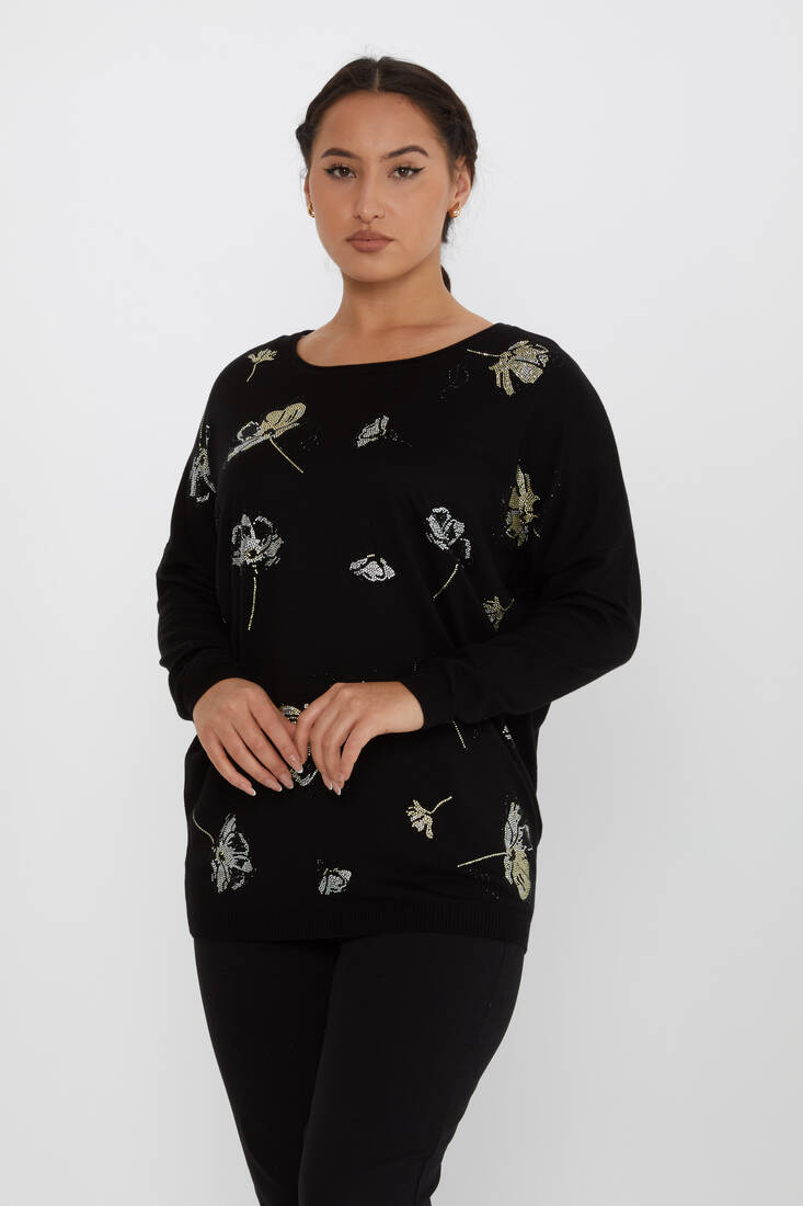 Women's Knitwear Floral Stone Detailed Crew Neck Black - 16622 | KAZEE