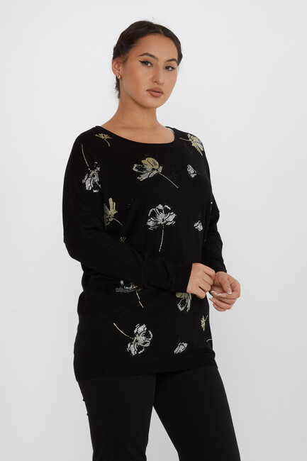 Women's Knitwear Floral Stone Detailed Crew Neck Black - 16622 | KAZEE - Thumbnail