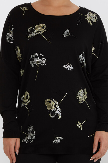 Women's Knitwear Floral Stone Detailed Crew Neck Black - 16622 | KAZEE - Thumbnail