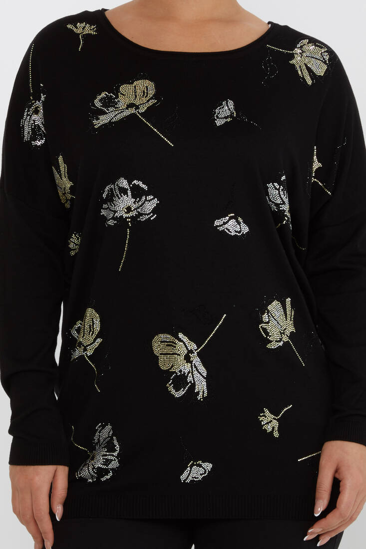 Women's Knitwear Floral Stone Detailed Crew Neck Black - 16622 | KAZEE