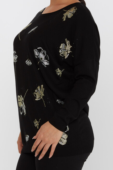 Women's Knitwear Floral Stone Detailed Crew Neck Black - 16622 | KAZEE - Thumbnail