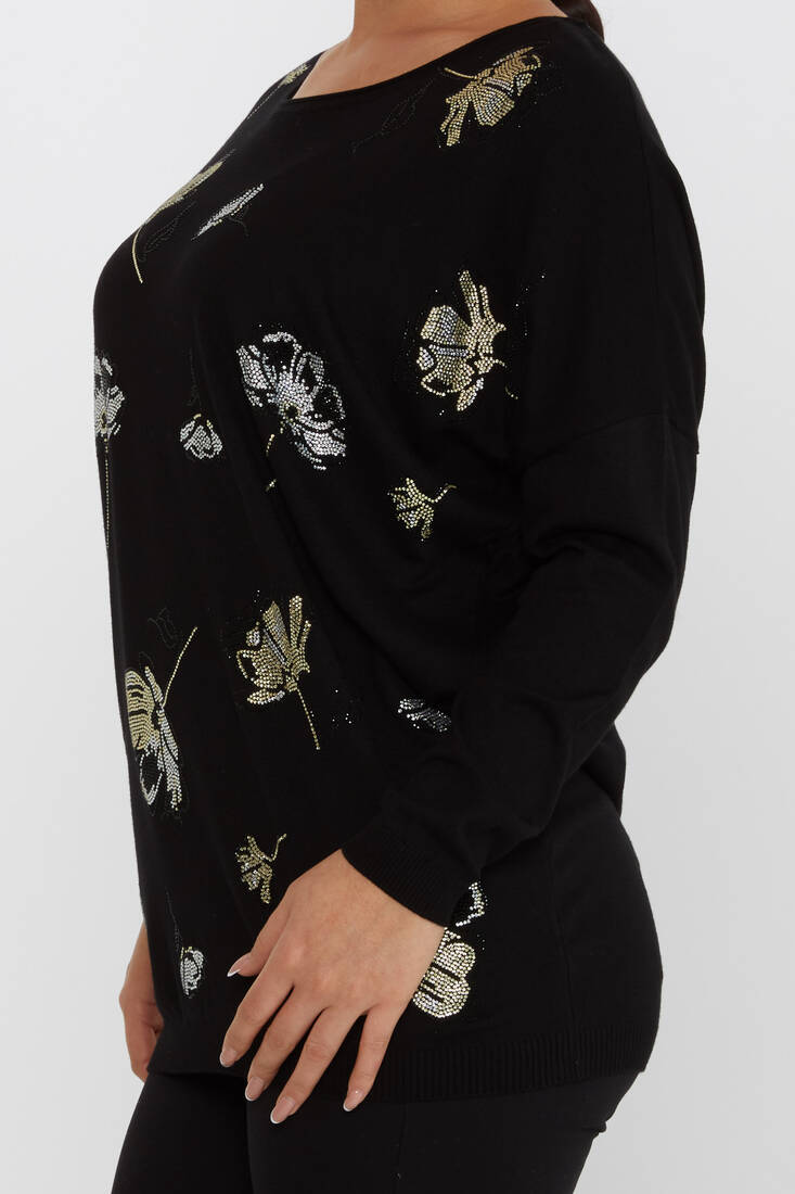 Women's Knitwear Floral Stone Detailed Crew Neck Black - 16622 | KAZEE