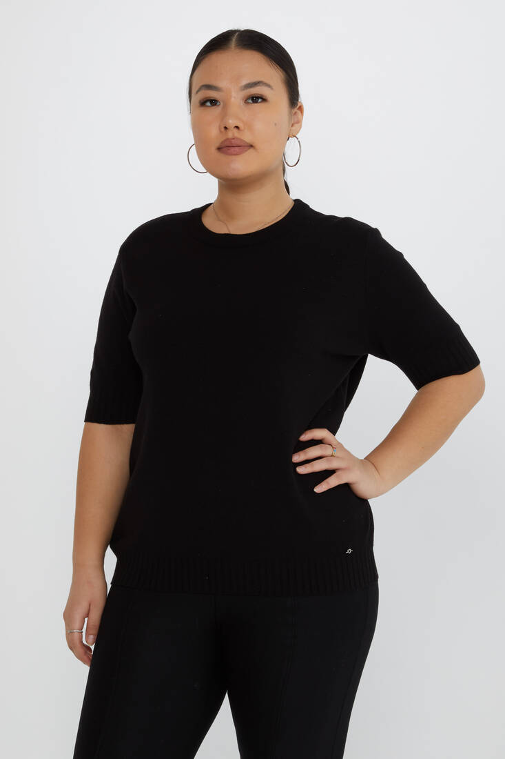 Women's Knitwear Glitter Detail Short Sleeve Black - 31634 | KAZEE