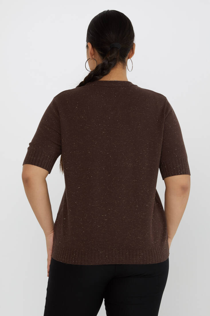 Women's Knitwear Glitter Detail Short Sleeve Brown - 31634 | KAZEE