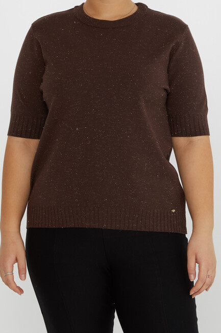 Women's Knitwear Glitter Detail Short Sleeve Brown - 31634 | KAZEE - Thumbnail